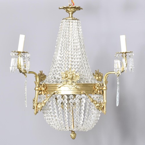 Cut Crystal and Brass Tent and Basket Chandelier