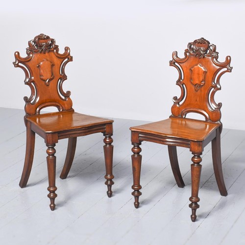 Pair Of Victorian Carved Mahogany Hall Chairs