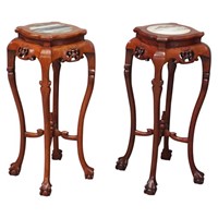 Pair of Chinese Padouk Marble Top Plant Stands