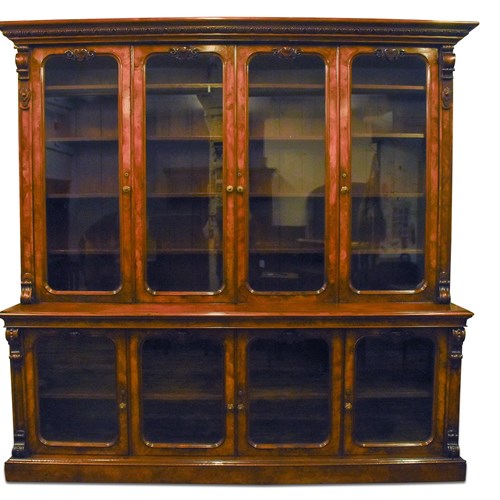Exhibition Quality Four Door Victorian Carved, Burr Walnut Cabinet Bookcase