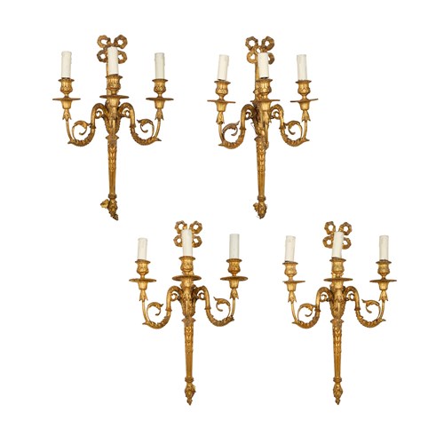 Set Of Four Adam Style Three Arm Gilded Wall Sconces