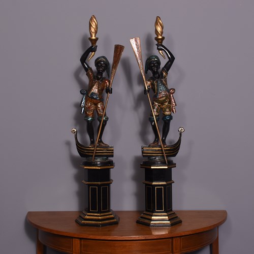 Pair Of Venetian Polychrome Figures Of Gondoliers