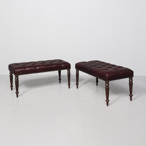 Pair Of Large William 4Th Mahogany-Framed Buttoned Burgundy Hide Stools