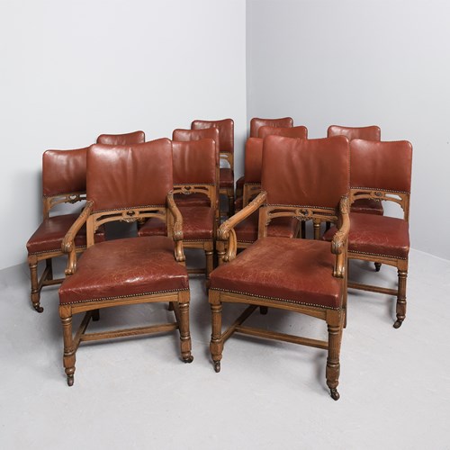 Quality Set Of 12 Victorian Oak Dining Chairs