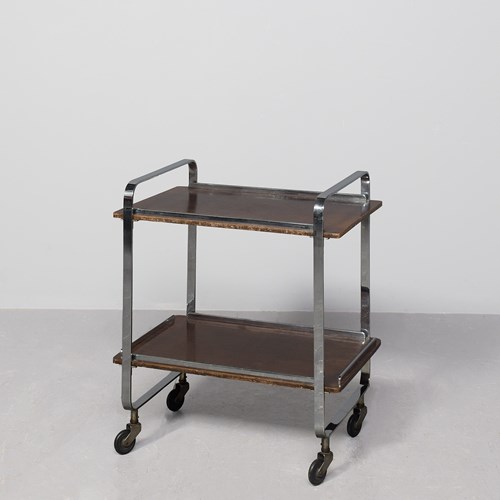 Rare And Stylish Art Deco Chrome And Wood Tea Trolley On Chrome-Mounted Castors