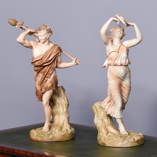 Rare Pair Of Very Large Royal Worcester Figures Mounted On Circular Rustic Bases