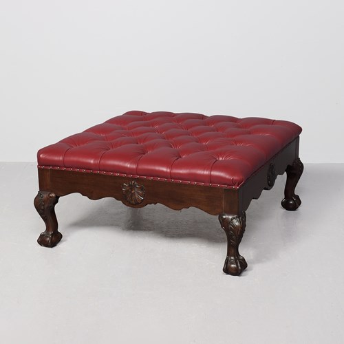 Mahogany-Framed Chippendale-Style Burgundy Hide Upholstered Stool