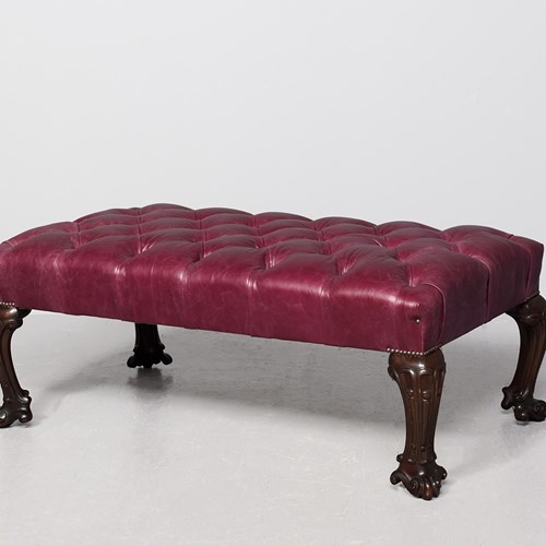 Large, Buttoned Red Hide Upholstered Georgian-Style Footstool