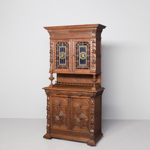 Quality, Carved Oak-Stained Glass Flemish Two-Part Bookcase.