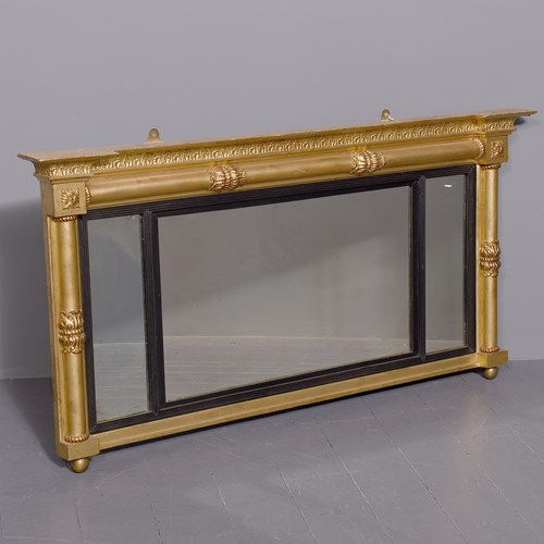 Neat-Sized, Regency Period Gilded Triptych Overmantel Mirror With Acanthus Decor
