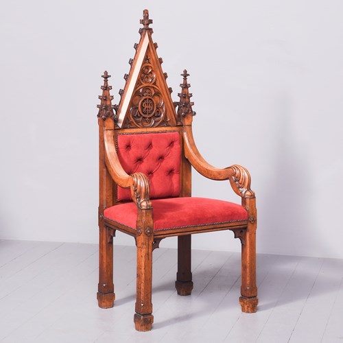 Magnificent Victorian Gothic Revival Carved Oak Throne Chair