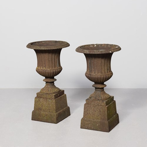 Pair Of Cast Iron Campagna-Shaped Garden Urns