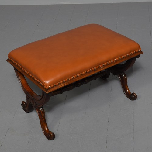 Large Early Victorian Walnut X Framed Stool, Newly Upholstered In A Quality Tan 
