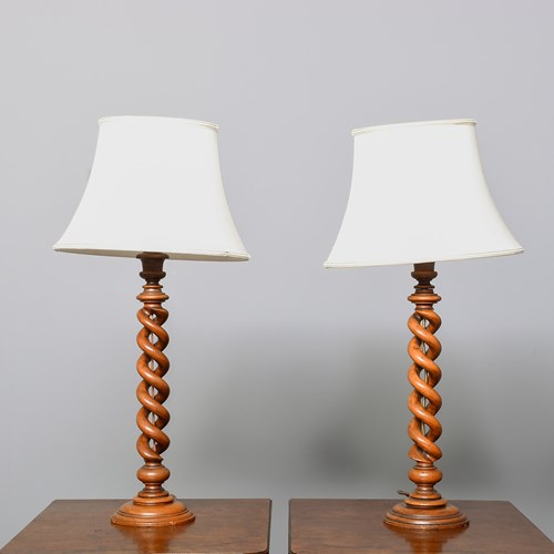 Large Pair Of Mahogany Barley Sugar Table Lamps