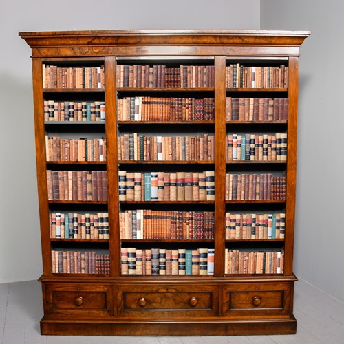 Mid Victorian Figured-Walnut Tall, Three-Section Open Bookcase 