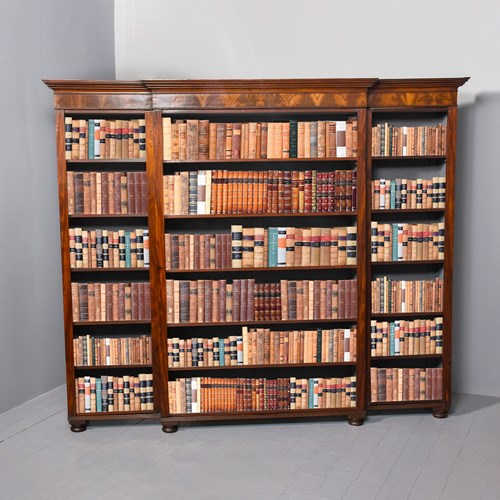 Quality Mid-Victorian Figured Mahogany 3-Section Open Breakfront Bookcase.