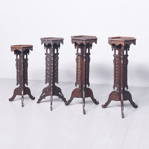 Four Similar Carved Indian Occasional Tall Tables