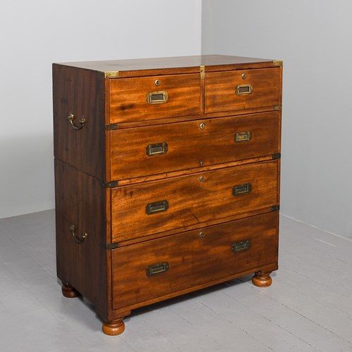Original Victorian Mahogany Two-Part Military Chest With Brass Carrying Handles 