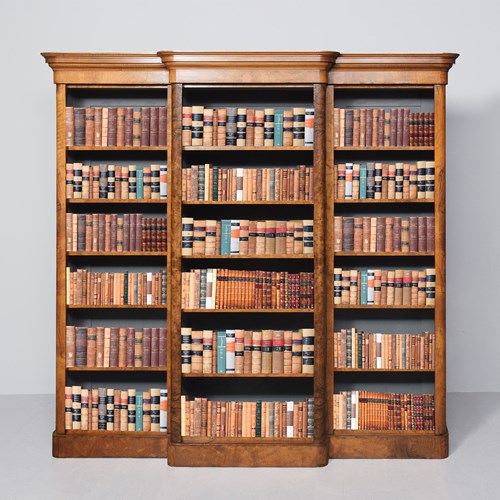 Mid Victorian Breakfront Figured And Burr Walnut Three-Section Open Bookcase 
