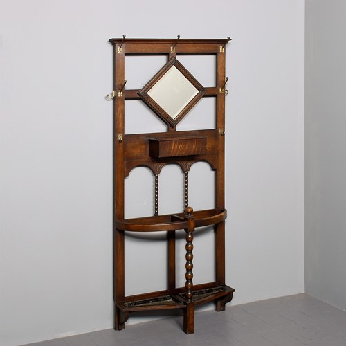 Neat-Sized Arts And Crafts Influence Mirror-Back Oak Hall Stand
