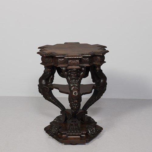 Flemish Walnut Profusely Carved Hexagonal Center Table