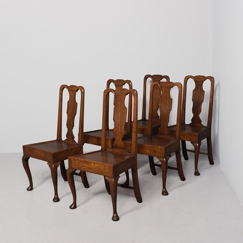 Rare Set Of 6 George 1St Figured-Oak, Cabriole-Leg Dining Chairs