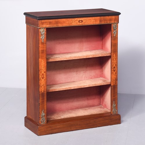 Neat-Size Victorian, Marquetry-Inlaid Walnut Open Bookcase
