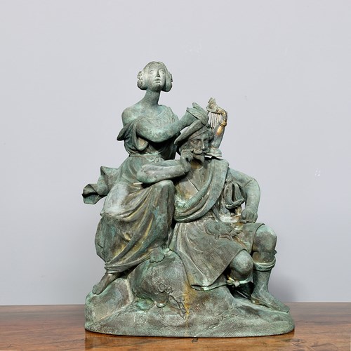 Rare Large Bronze Figure Of A Seated Highland Chief And Muse