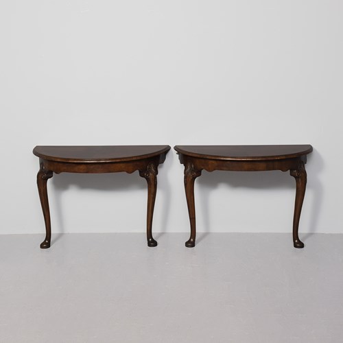 Pair Of Early Georgian-Style Figured-Walnut Demi-Lune Hall Tables