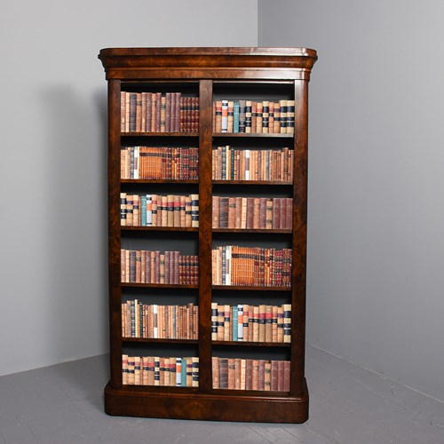 Mid-Victorian Figured Walnut, Two-Section, Tall Open Bookcase
