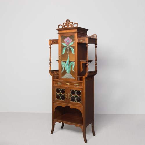Rare Art Nouveau Stained Glass And Inlaid Mahogany Cabinet