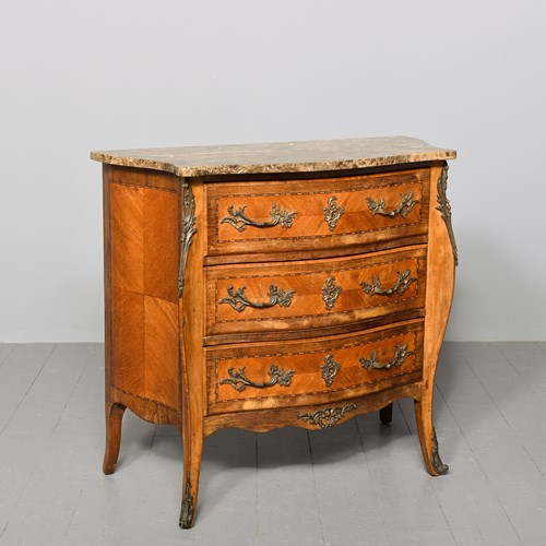 French Serpentine-Fronted Marble Top Inlaid Mahogany Commode