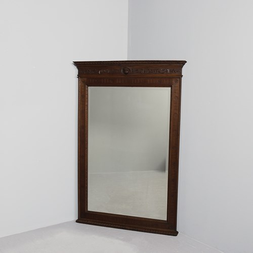Large Flemish Carved Oak Overmantel Or Wall Mirror With Original Mirror Plate