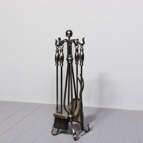 Polished Steel Fireside Set On Stand After ‘Sir Robert Lorimer’