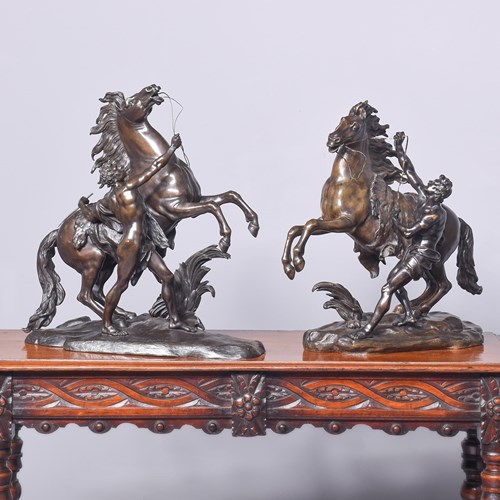 Pair Of 19Th Century Bronze French Marly Horses Stamped Coustou
