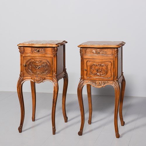 Pair Of Late Victorian, Louis XIV Style Marble Top Freestanding Bedside Cabinets