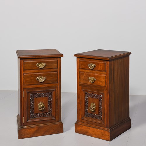 Pair Of Late Victorian Figured Walnut Bedside Lockers With Art Nouveau Handles