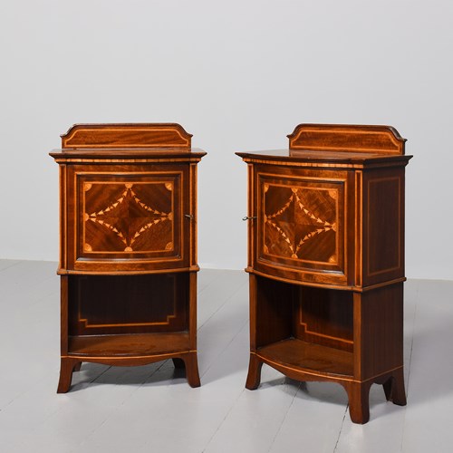 Pair Of Neat-Size Sheraton-Style Inlaid Mahogany Bedside Lockers/Side Tables