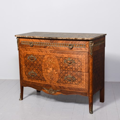 French Marble Top Marquetry-Inlaid, Scagliola Marble-Top Walnut Commode