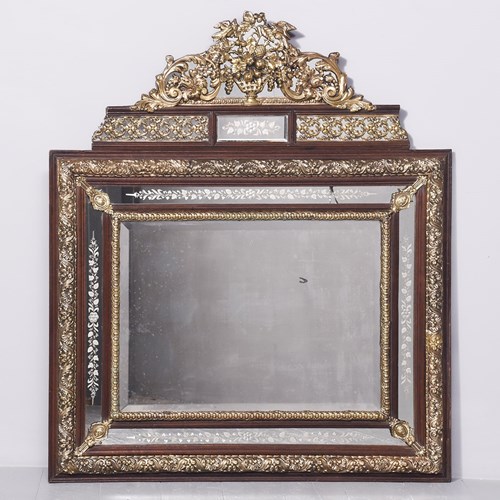 Elegant French Brass & Wood Mirror 
