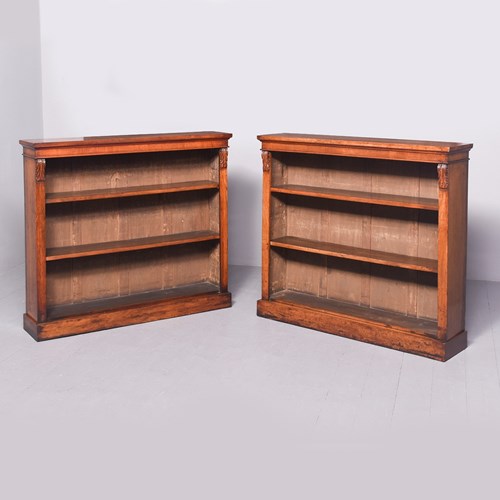 Rare Pair Of Original Victorian Figured Walnut Open Bookcases