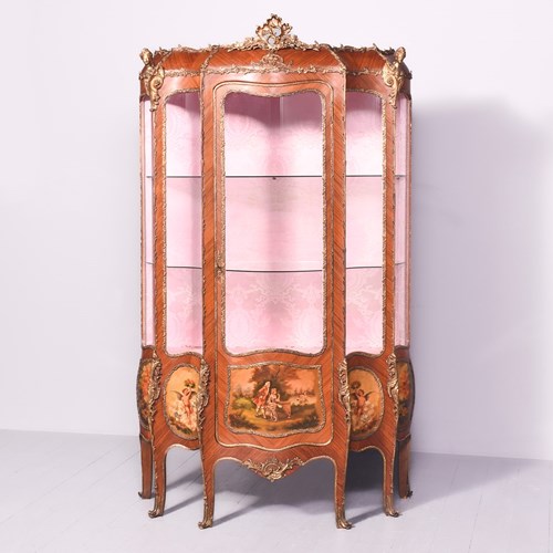 Quality Large Ormolu Mounted Louis XVI Style Kingwood And Vernis Martin Vitrine
