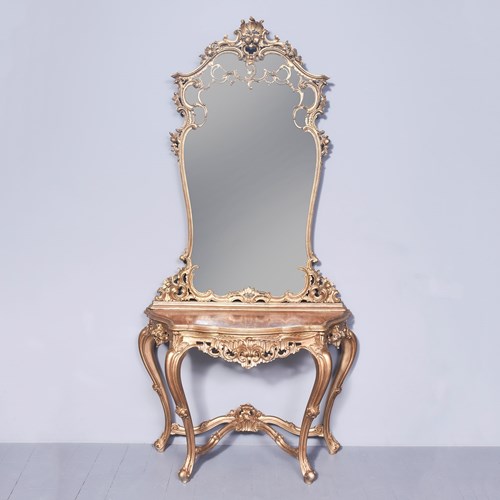 Victorian Rococo Hand-Carved Giltwood Console Table With Mirror