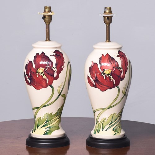 Pair Of Large Moorcroft Pottery Table Lamps In The Dancing Flame Pattern 