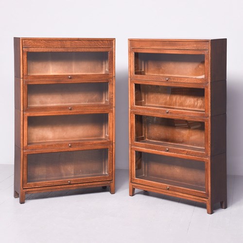 Pair Of Oak 4 Door Sectional Bookcases By Gunn In Pristine Condition