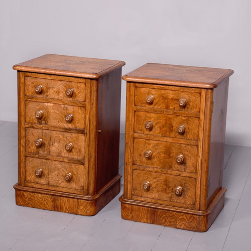 Unusual Pair Of Figured Elm Victorian Bedside Lockers.   