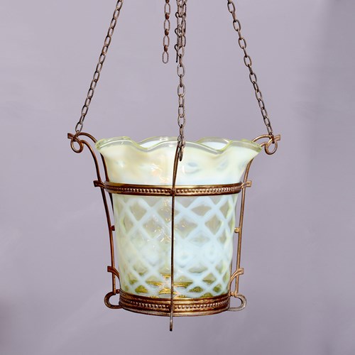  Art Nouveau Vaseline Glass And Brass Ceiling Light Fitting 