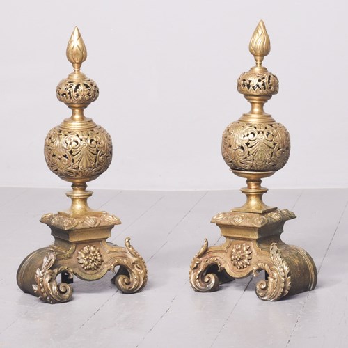 Magnificent Pair Of Large Early 19Th Century Brass Fire Dog Fronts