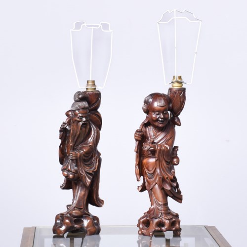 Pair Of Japanese Root Wood Table Lamps