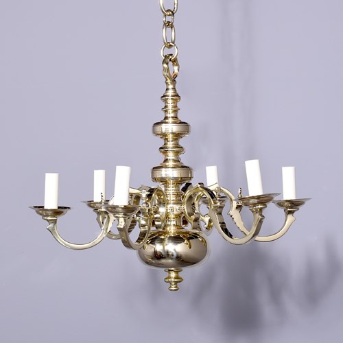 Large Cast Brass Dutch Style Six Arm Light Fitting 
